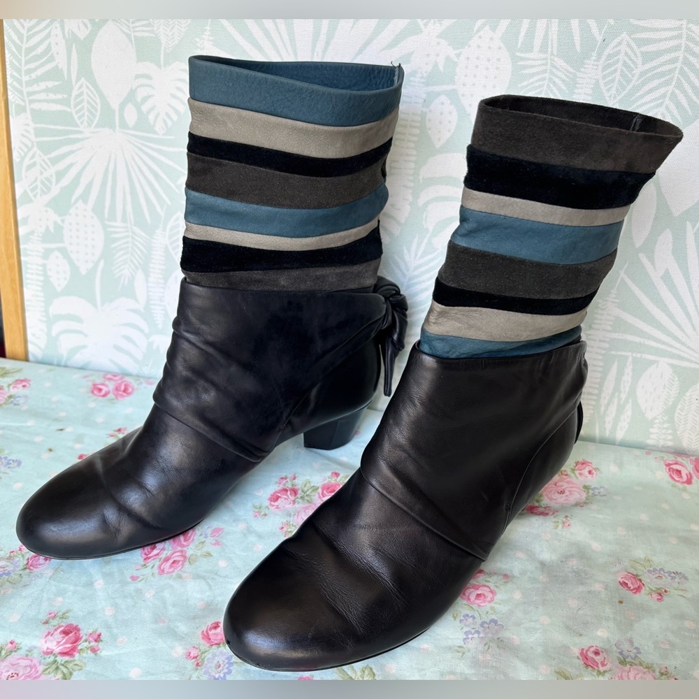 Camper Black Leather Ankle Boots with Striped Blue, Gray & Black Cuffs